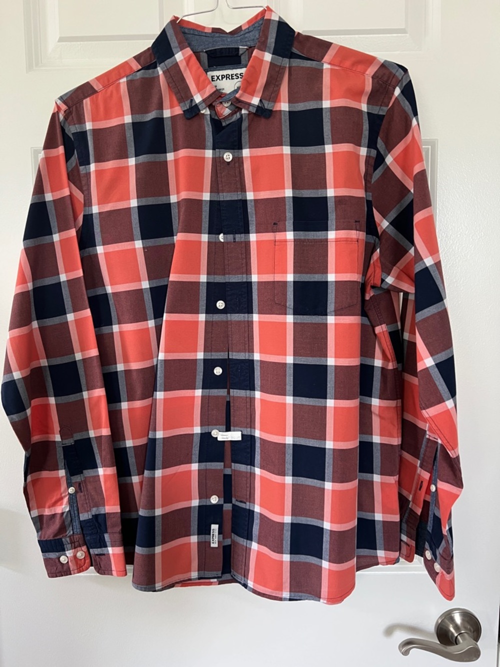 Express Men’s Coral and Navy Plaid Button-Down Shirt - Size Medium